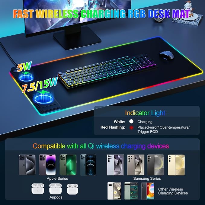 Wireless Charging RGB Mouse Pad with Phone Stand, Large Gaming Desk Mat (Black - 31.5x15.8 with PD Adapter) - Image 2