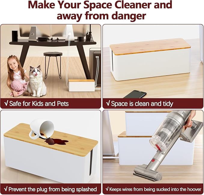 2-Pack Cord Organizer Box with Lids, White Cable Management Box Set, No-Drill Charger & Computer Wire Organizers for Desk, TV, Router, Computer, and Outlets in The Office, Study, Kitchen Areas - Image 3