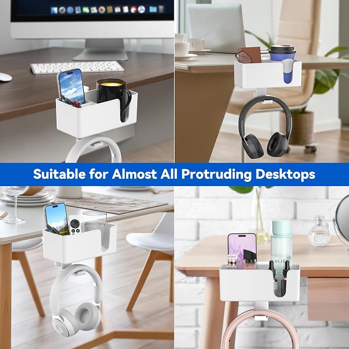 KDD 4-in-1 Desk Organizer - Under Desk Cup Holder and Headphone Hanger with 2 Wire Holes - Rotating Hanger and Detachable Storage for Cup, Phone and Pen (White) - Image 7