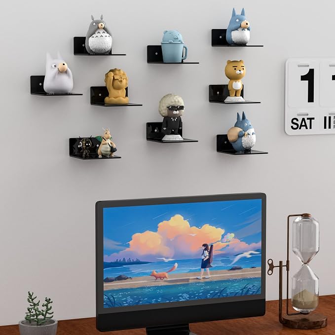 Sezanrpt 6 Inches Acrylic Small Wall Shelves 2 Pack, Floating Shelf for Wall Mounting, Acrylic Display Ledges for Funko Pop Figures, Home Décor, Living Room, Gaming Room, Plants(6 inch, Black) - Image 7
