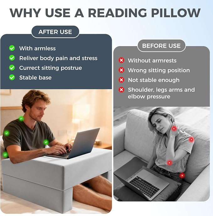 Reading Pillow for Gaming Lap Desk Pillow for Laptop with Pocket Foldable Memory Foam Bed Desk for Reading Working Crocheting Gaming Arm Rest on Bed/Sofa/Floor/Couch/Car (Grey no Cup Holder) - Image 5