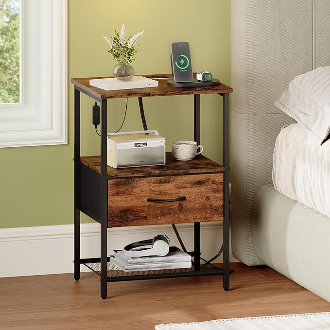 Somdot Nightstand with Charging Station & LED Light, Bedroom Bedside Table - Image 8