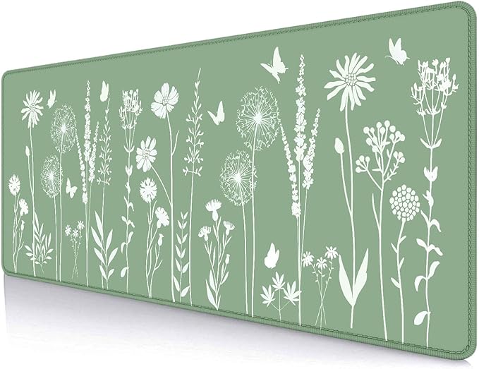 IMAYONDIA Cute Sage Green Desk Mats Mousepad, Plant Floral Anime Deskmat, Aesthetic Desk Pad, Minimalist Mint White Leaves Large Gaming Mouse Pad, Decor Accessories, 31.5 X 11.8 by IMAYONDIA