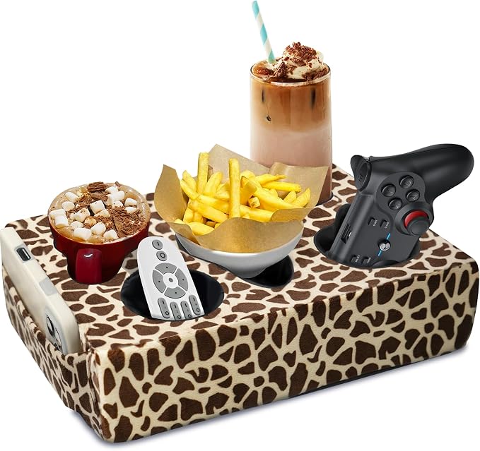 Couch Cup Holder Pillow, 5 Hole Couch Drink Holder! Keep Drinks Hand Side and Keep Temp, Prevent Spills and Use Anywhere. Cup Holder for Couch, Bed, Camping, RV, Car, Beach. Brown Beige by NISDOING