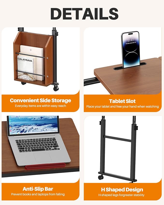 Laptop Desk for Bed,6-Angle Adjustable Overbed Table with Wheels,Adjustable Height and Length Bed Table for Laptop with Side Bookshelf,Standing Desk,Over Bed Desk for Working Hospital Home (Oaken) - Image 5
