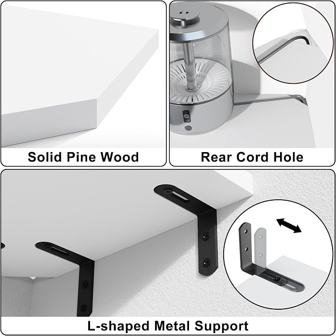 Alsonerbay Pine Wood Corner Shelves with Cable Cutout 3-Pack, White - Image 5