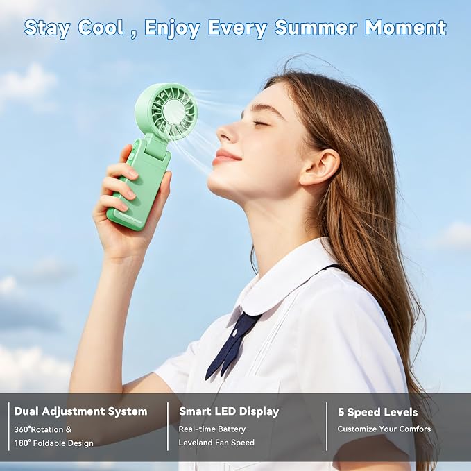 Handheld Portable Turbo Fan with Ice Cooling,5 Speed Rechargeable LED Display Foldable Hand Held Personal Clip/Neck/Waist Fan,180°& 360° Adjustable,Pocket Mini Fan for Outdoor/Home/Office (Green) - Image 6
