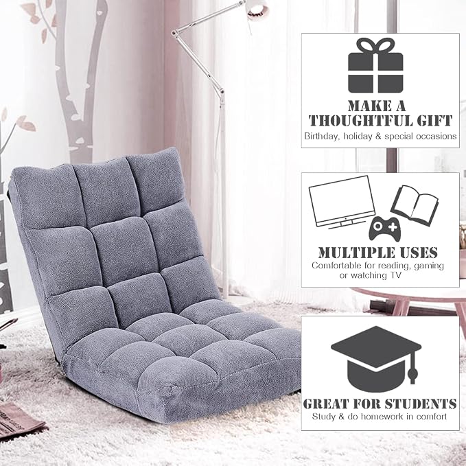 GIANTEX Floor Chairs for Adults, Floor Gaming Chair w/Back Support (Grey) | Coral Velvet, 14 Adjustable Position, Thick Sponge Padding, Floor Seating Lounge for Reading, Watching TV, Meditation - Image 5