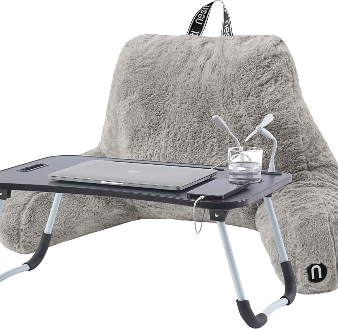 Nestl Fur Reading Pillow with Laptop Lap Desk, Stylish Back Pillow for Sitting Up, Lap Desk with Reading Pillows for Sitting in Bed Adult & Kids, Faux Fur Chair Pillow with Arms - Grey by Nestl