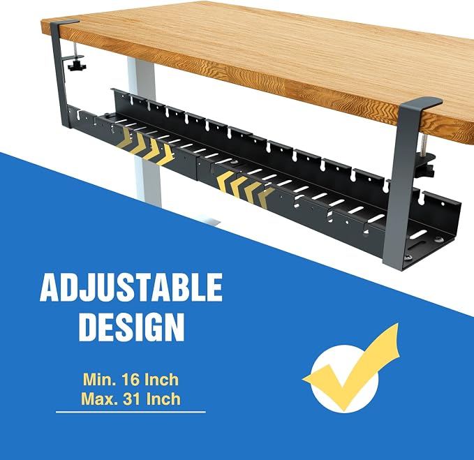 No Drilling Extendable Under Desk Cable Management, Metal Cable Management Tray Under Desk with Clamp, Retractable Power Strip Cord Holder for Wire Management 31Inch(1 Pack Black Extendable 31') - Image 6