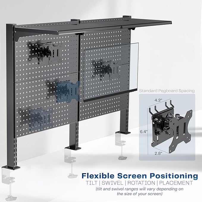 VIVO Steel Triple Clamp 47 x 31 inch Desk Pegboard System with 2 Monitor Mounts and Storage Shelf, Fits up to 32 inch Screens, Office Accessory Organizer, Black, PP-DK48SB - Image 5