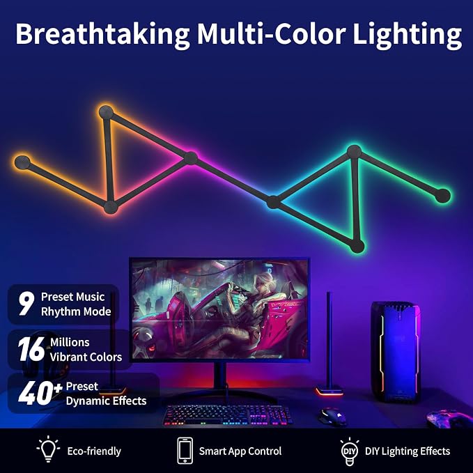 Smart Wall Light Lines, WiFi RGB LED Light Bars, 16M+ Color Dimmable Music Sync DIY Home Decor Light Bars for Gaming Party Streaming Lovers, Work with Alexa & Google Assistant (9 Lines,Black) - Image 3