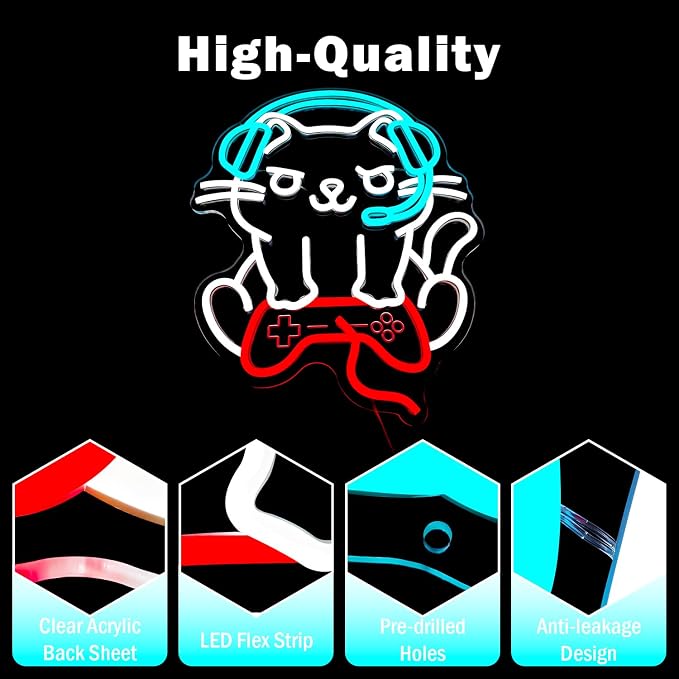 Cat Gaming Neon Sign Gamer Cat Neon Signs for Wall Decor Dimmable Game Room Led Wall Art Gamer Room Decor Led Light Sign Funny Gift for Cat Lovers & Gamers - Image 6