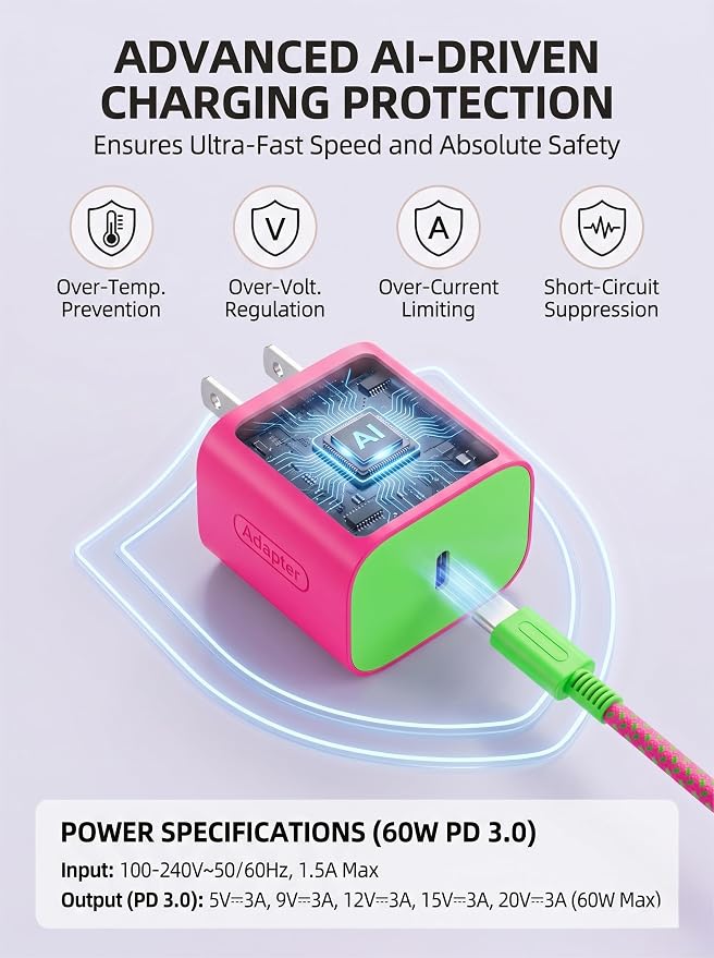 TPC 60W Charger for Nintendo Switch 2, 20V 3A AC Adapter Fast Charging with 6.6FT Braided USB-C Cord, Compatible with Switch 1, Lite, OLED, Steam Deck, Support 4K TV Mode (Magenta & Green) - Image 6