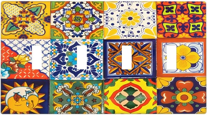 Decorative Switch Plate Covers Vintage Traditional Colorful Mexican Talavera Tiles Style 4 Gang Light Switch Cover Plate Quad Toggle Wall Plate 4 Hole Electrical Switchplatedimmer Faceplate by JOOJIAO