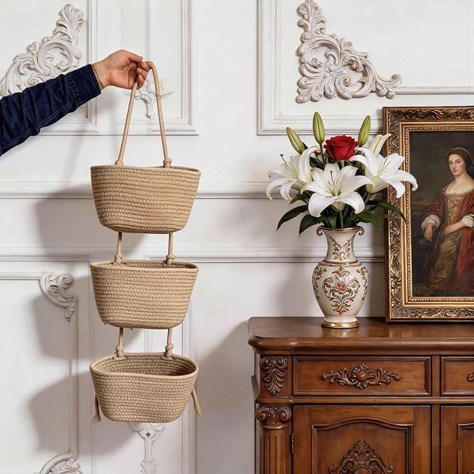 3-Tier Decorative Cotton Rope Hanging Basket, Wall-Mounted Woven Storage Organizer Bag, Jute - Image 6