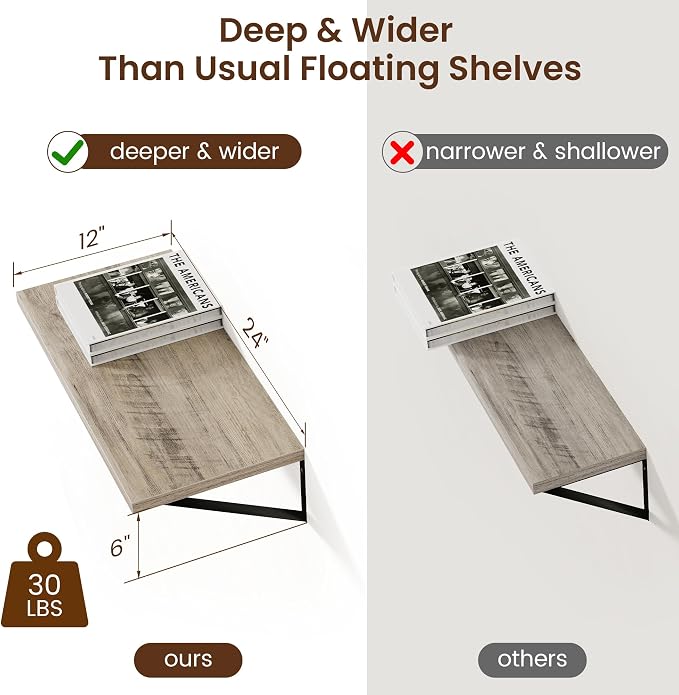 Axeman 12 Inch Deep Floating Shelves for Wall - 24 Inch Wide x 12 Inch Deep Wall Shelves Set of 2 - Rustic Grey Wood Floating Shelves for Living Room - Image 3