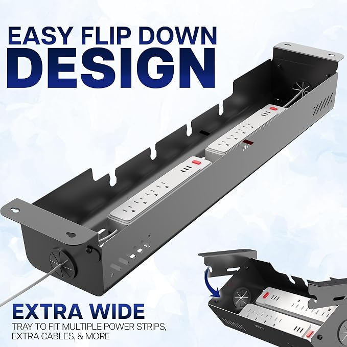 VIVO 35 inch Screw-On Under Desk Cable Management Box with Flip-Open Lid, Easy-to-Open Steel Cord and Power Strip Organizer, Cable Organizer Tray, 11 lbs Capacity, Black, DESK-ACMB35-S - Image 5