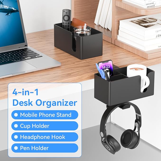 Desk Cup Holder Clamp with Headphone Hanger and Storage Tray - Image 2