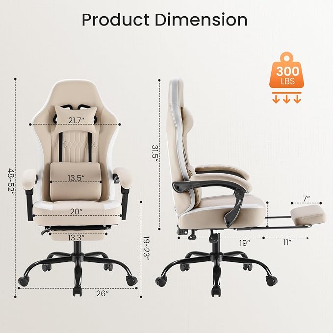 Sweetcrispy Video Game Chair, Ergonomic Computer Desk Chair, Lumbar Support | Footrest, Height Adjustable, Linkage Armrests, Headrest, Fabric, 360° Wheels, Khaki - Image 3