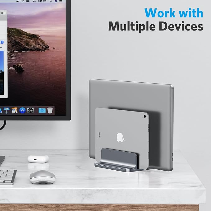 OMOTON Dual Vertical Desk Laptop Stand Holder, Fits MacBook Air/Pro, Grey - Image 8