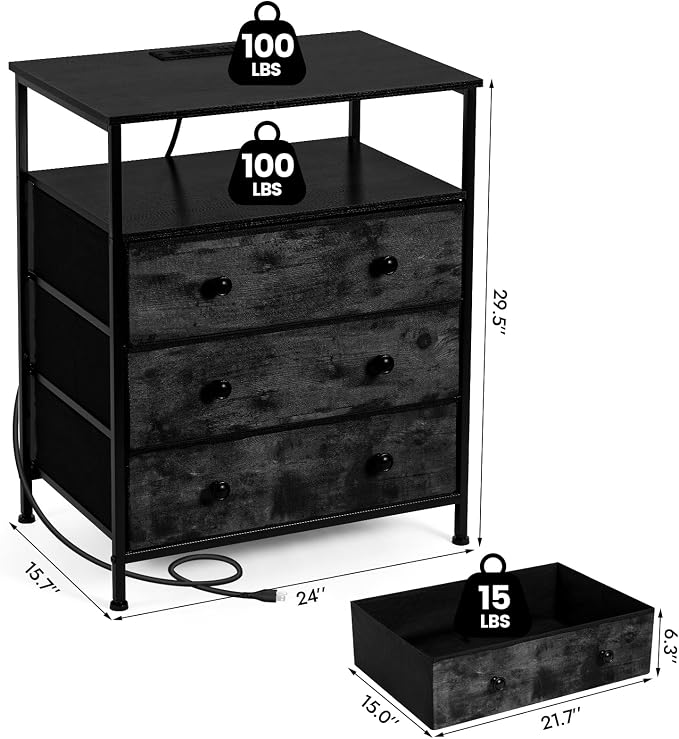 3-Drawer LED Nightstand Set 2 with Charging Station, Black - Image 3