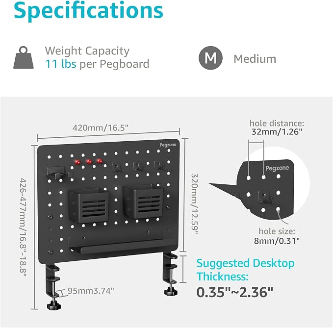 PEGZONE 16.5" x 12.6" Clamp-on Desk Pegboard, Bundle with 8 Pieces Accessories, Black - Image 5
