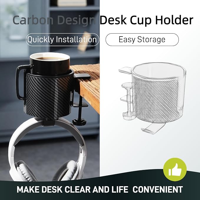 Luxury 2-in-1 Anti-Spill Cup Holder with Headphone Hanger (Carbon Edition) - Image 2