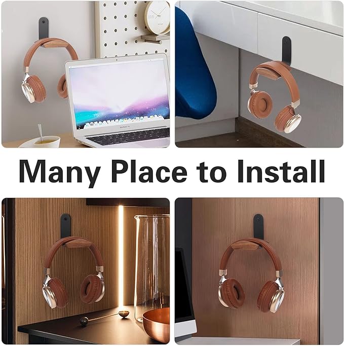 Walnut Wood Headphone Wall Mount, Wide Curved Headband Support (2 Pack) | Elegant Headphone Display, Protects Headbands from Creases, Aluminum Bracket, Adhesive or Screw Mount, Fits Gaming Headsets - Image 2