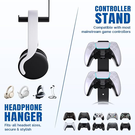 ZYTHRONE Dual Controller Holder Wall Mount, Metal Headset Stand for PS5, PS4, with Adhesive or Screws, Strong Adhesive by Screws, Black - Image 2