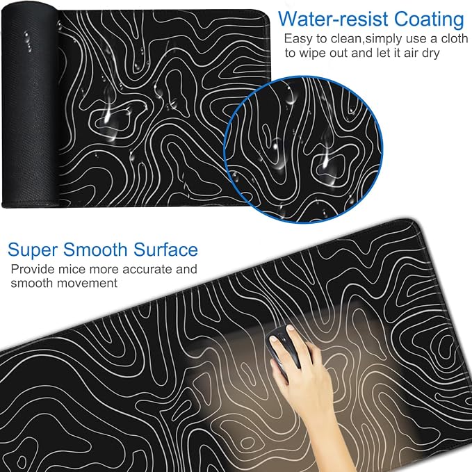 Large Extended Gaming Mouse Pad, 31.5x15.7 inch Computer Keyboard Mouse Mat, Water Resist Non-Slip Mousepad Rubber Base Long XXL Desk Mouse Pad for Gaming, Office & Home, Black White Lines - Image 3