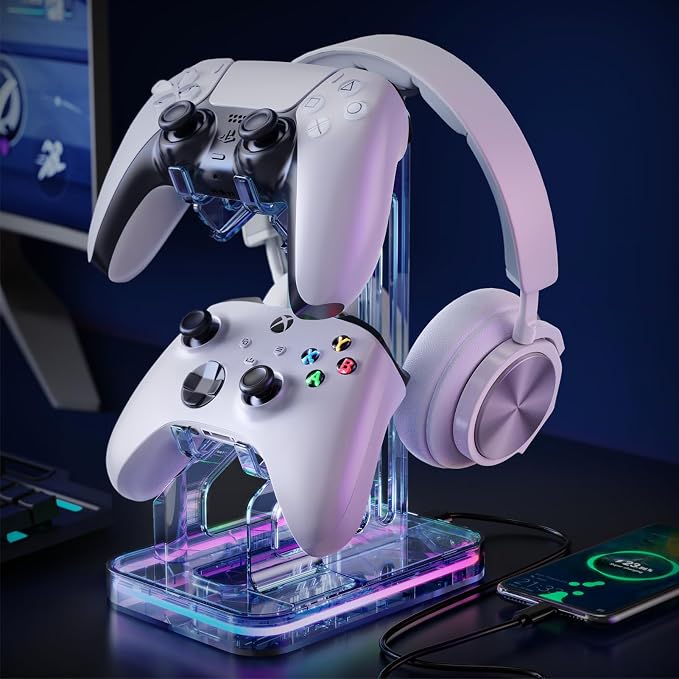 Luckit Gaming Headphones Stand, RGB Headset Stand with 2 USB Charging Ports, Dual Controller Holder with Light Modes, Earphone Hanger Accessories for Desktop Gamer by Luckit
