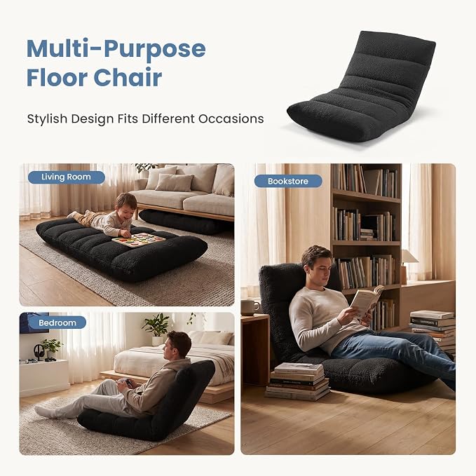 DUMOS Folding Floor Chair, 14-Position Adjustable Backrest Floor Seating | 5.9'' Thick Cushion Floor Seat with Teddy Velvet and Steel Frame for Adults, Kids, Reading, Meditation, Viedo Game, Black - Image 6