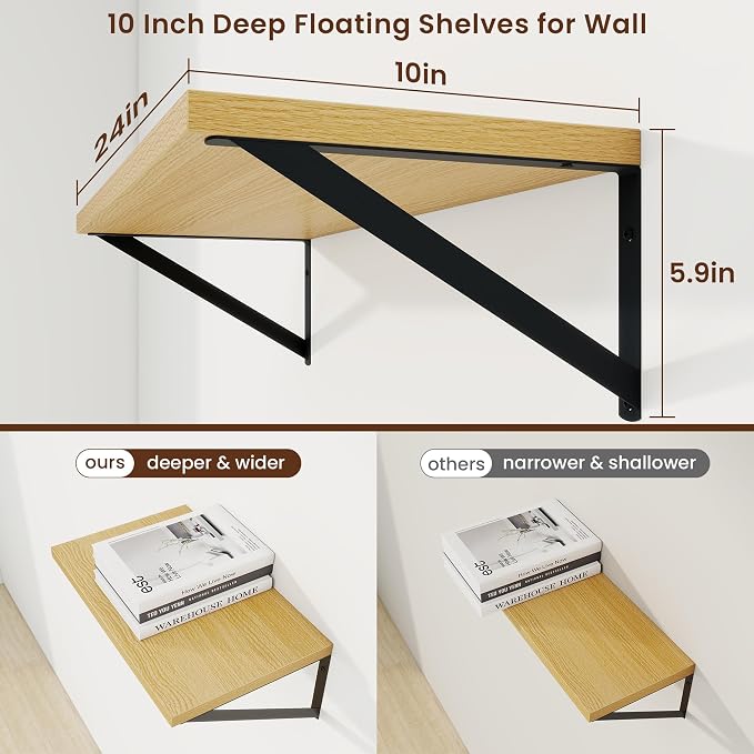 Axeman Deep Floating Shelves, 24'' x 10'' Oak Wall Shelves Set of 2 - Image 3