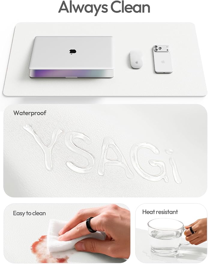 YSAGi Leather Desk Protector, Office Mat, Large Mouse Mat, Non-Slip PU Leather Blotter, Laptop Desk Mat, Waterproof Writing Pad for Office and Home(White, 63" x 24") - Image 8