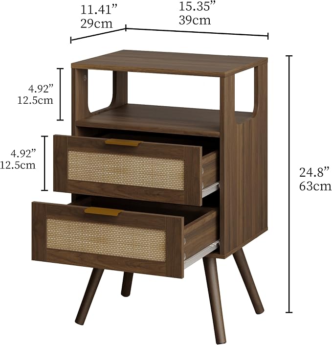 JOONEE Rattan Nightstand,Farmhouse Bedside Table with 2 Storage Drawer and Open Wood Shelf, for Bedroom and Small Spaces,Night Stand with Solid Wood Legs (Walnut Brown) - Image 2