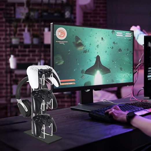 FYY Game Controller Holder 3 Tiers - Universal Dual Controller Stand Headphone Holder, Acrylic Black Controller Display Stand Compatible with Nintendo Switch Xbox PS5 PS4, Desk Mounts for Controller - Image 2