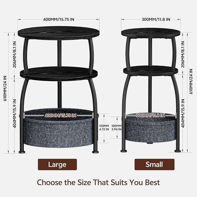 Round Side Table with Storage Basket, End Table Living Room, Black - Image 3