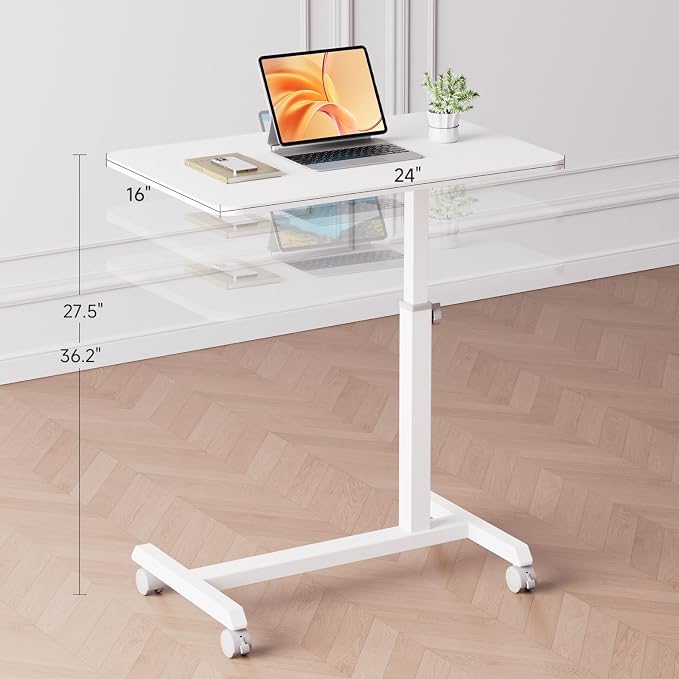 GTPLAYER Small Standing Desk, 24 Inches Mobile Rolling Laptop PC Table with Lockable Casters, Adjustable Height Overbed Bedside Table Computer Workstation for Home Office, White-Fixed - Image 3