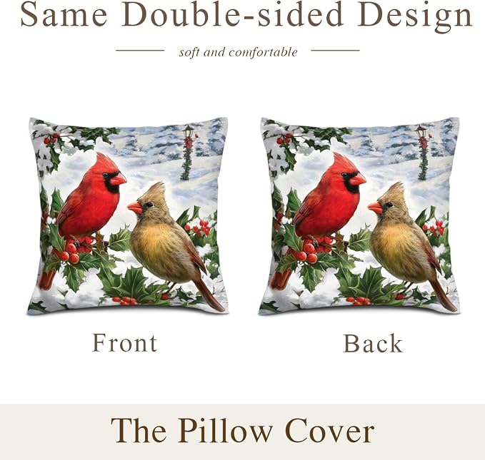 Winter Cardinal Birds Christmas Throw Pillows Cover 18x18 Set of 2 - Image 4