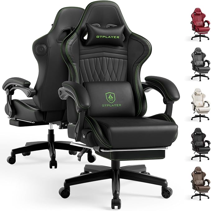 GTPLAYER ACE-PRO Music Gaming Chairs – Built-in Speakers, App Support & Bluetooth Control, Computer Game Chairs with Footrest for Adults, Ergonomic, Reclining, Linkage Armrest, Black & Green Stitch by GTPLAYER