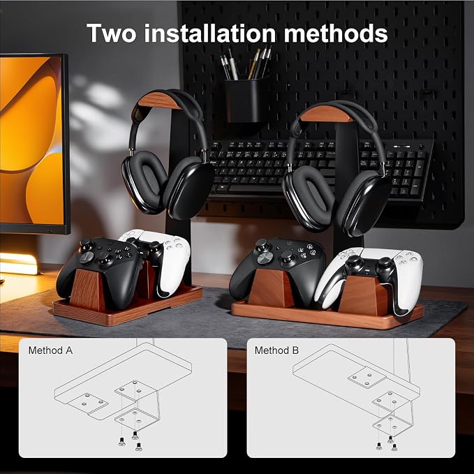 UPERGO Headphone and Headset Stand with Controller Holders for Gaming Desk | Solid Wood, Holds 2 Controllers, Storage Tray for Gaming Accessories, Compatible with PS5 and Xbox - Image 6