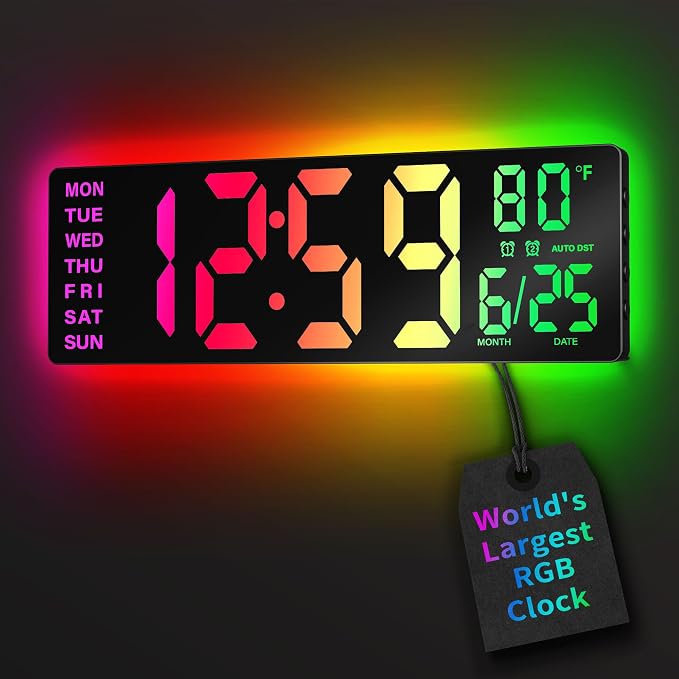 EASYERA 16.5" Large Digital Wall Clock with BT Sync,11 RGB Lights by EASYERA