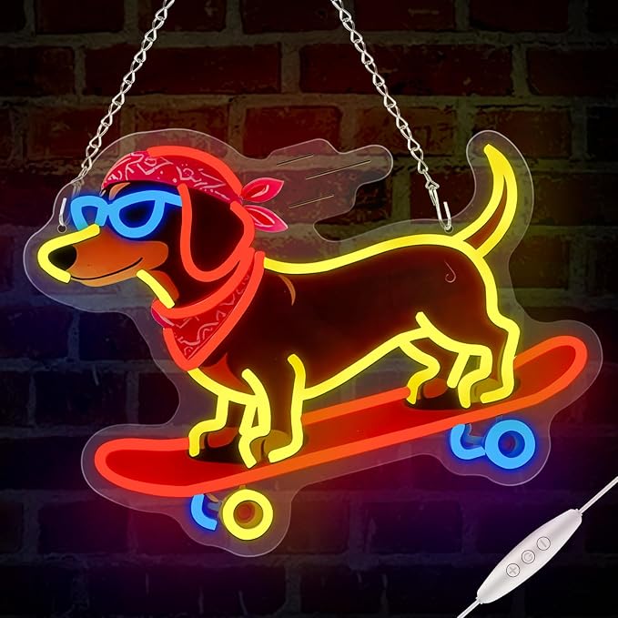 Skateboard Dog Neon Signs, Dachshund Skateboarding Neon Sign Cool LED Wall Art Decor | Dimmable Dog Lover Gift | Idea for Living Room, Bar, Shop, or Birthday Party by Qusea