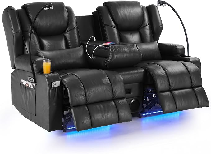 Redlife Power Loveseat Recliner Sofa with Console, Blue LED Lights by Redlife
