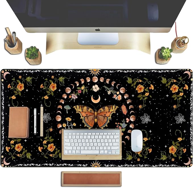 Moth Desk Pad Mushroom Phase Moon Phase Desk Mat, Boho Flowers and Leaves Computer Big Mouse Pad Washable Cloth Non-Slip Rubber Base Keyboard Pad Mouse Mat for Office with Stitched Eges 31.5x15.7 in - Image 4