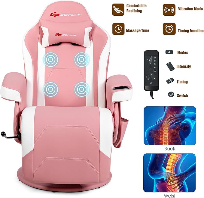 POWERSTONE Gaming Recliner, PU Massage Gaming Chair with Footrest, Cup Holder, Headrest and Side Pouch, Adjustable Single Sofa Living Room Chair(Pink) - Image 4
