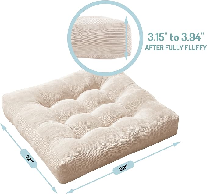 Floor Pillows Set of 6, Large Meditation Cushion for Adults, 22 Inch Square | Reading nook & office use, Tatami seating, Corduroy cover, 3.5 in thick, Shredded memory foam fill, Beige yoga pad - Image 5