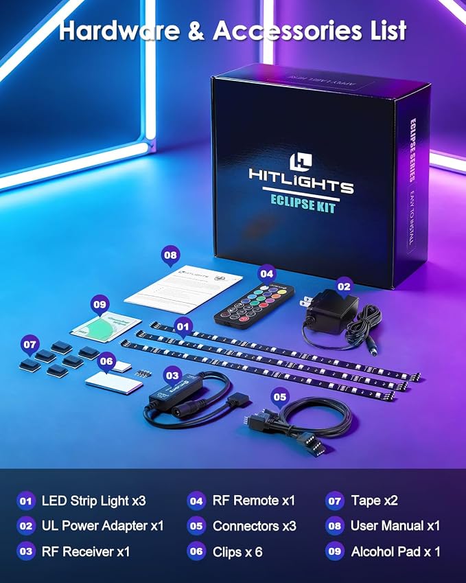 Hitlights LED Strip Lights 3 Pcs 1.64FT RGB Small LED Light Strips Kit Dimmable RGB 5050 Color Changing Tape Lights TV Backlight Display Case Lights Shelves Lighting with RF Remote & UL-Listed Adapter - Image 5