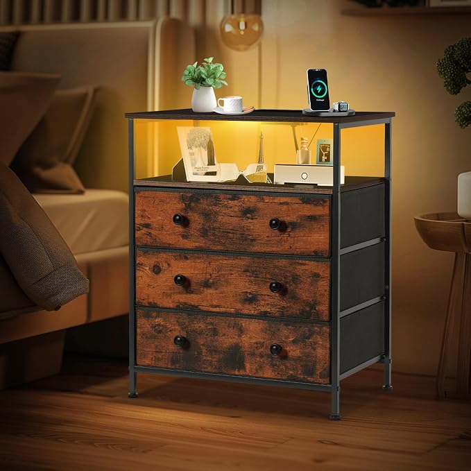 3-Drawer LED Nightstand with Charging Station, Rustic Brown - Image 2